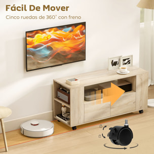 Mueble de TV con Ruedas, Mesa de TV Móvil, Mueble para Televisión hasta 42 Pulgadas, con 2 Cajones, Estantes Ajustables, para Salón, Comedor, Dormitorio, Madera Natural