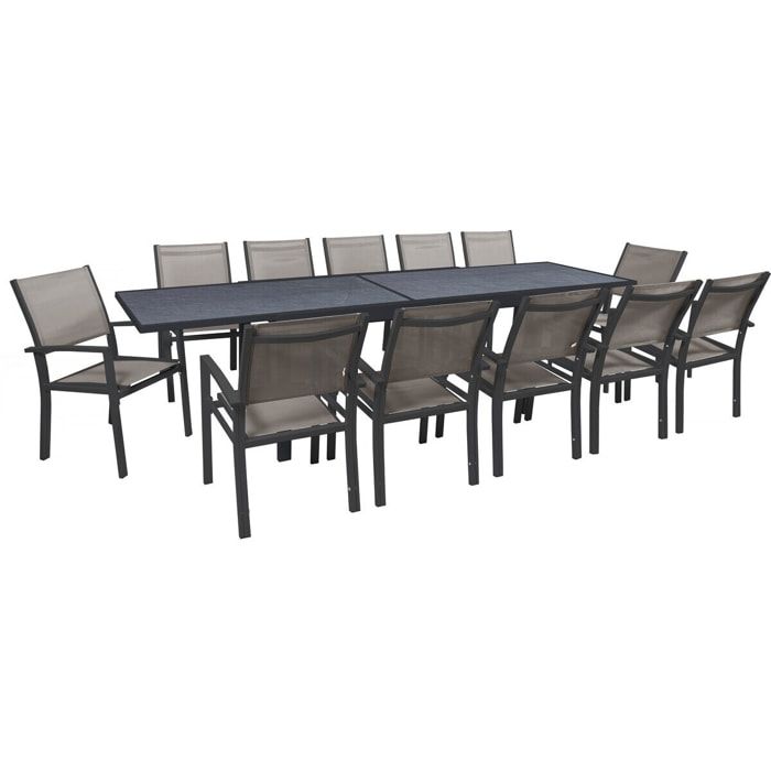 Salon de jardin repas extensible "Lagos" - 200/320 x 105 x 76 cm - 12 chaises - Taupe