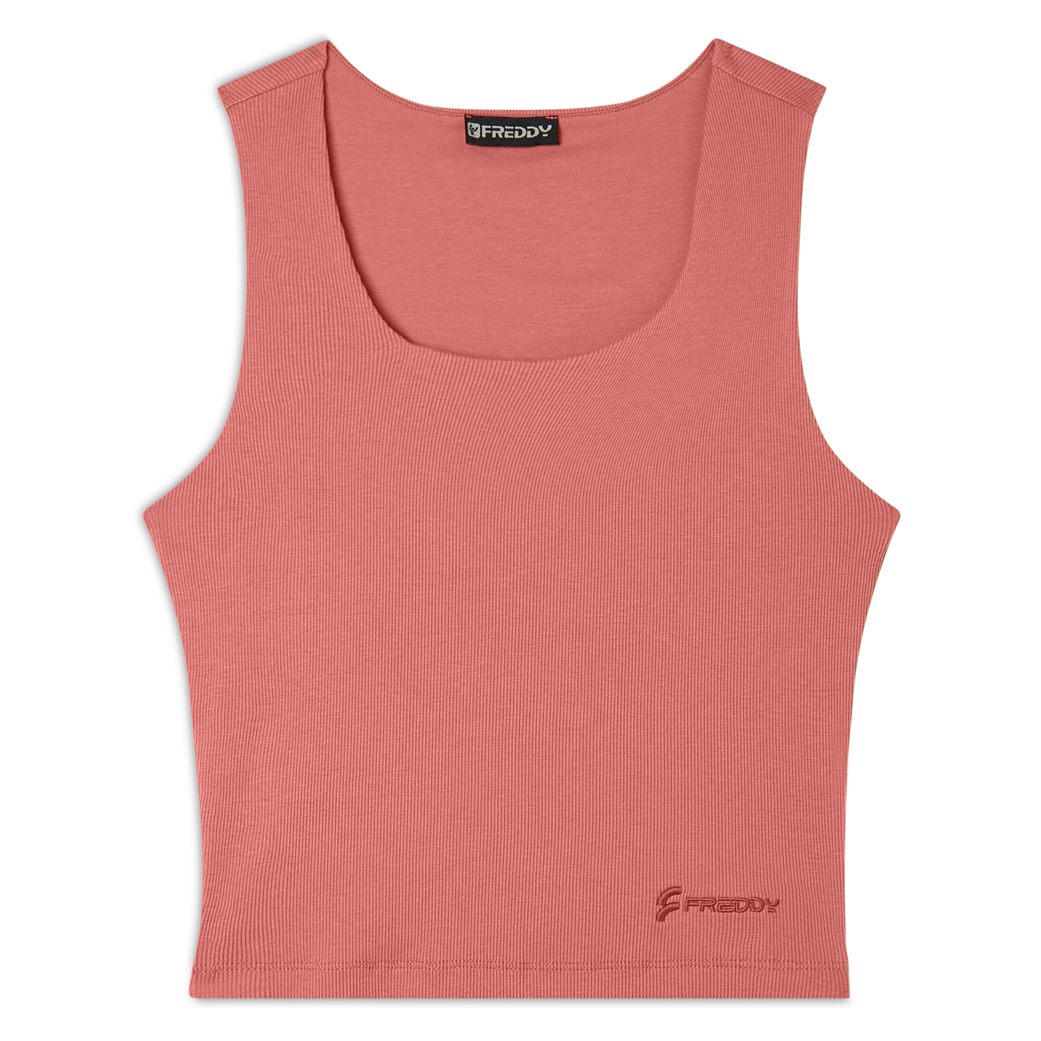 Top a costine stretch con scollo asimmetrico