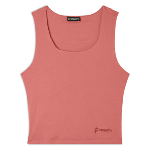 Top a costine stretch con scollo asimmetrico