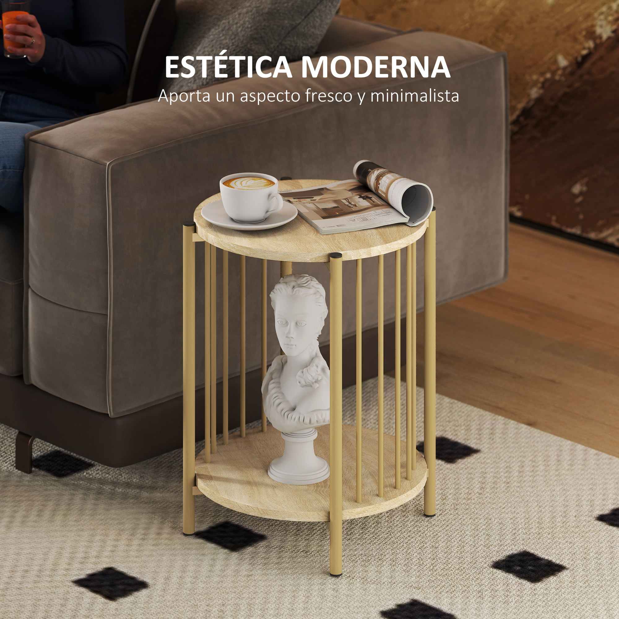 Mesa Auxiliar Redonda de 2 Niveles Mesita Auxiliar Moderno con Estante de Almacenaje y Estructura de Acero para Salón Dormitorio Ø41x49 cm Natural