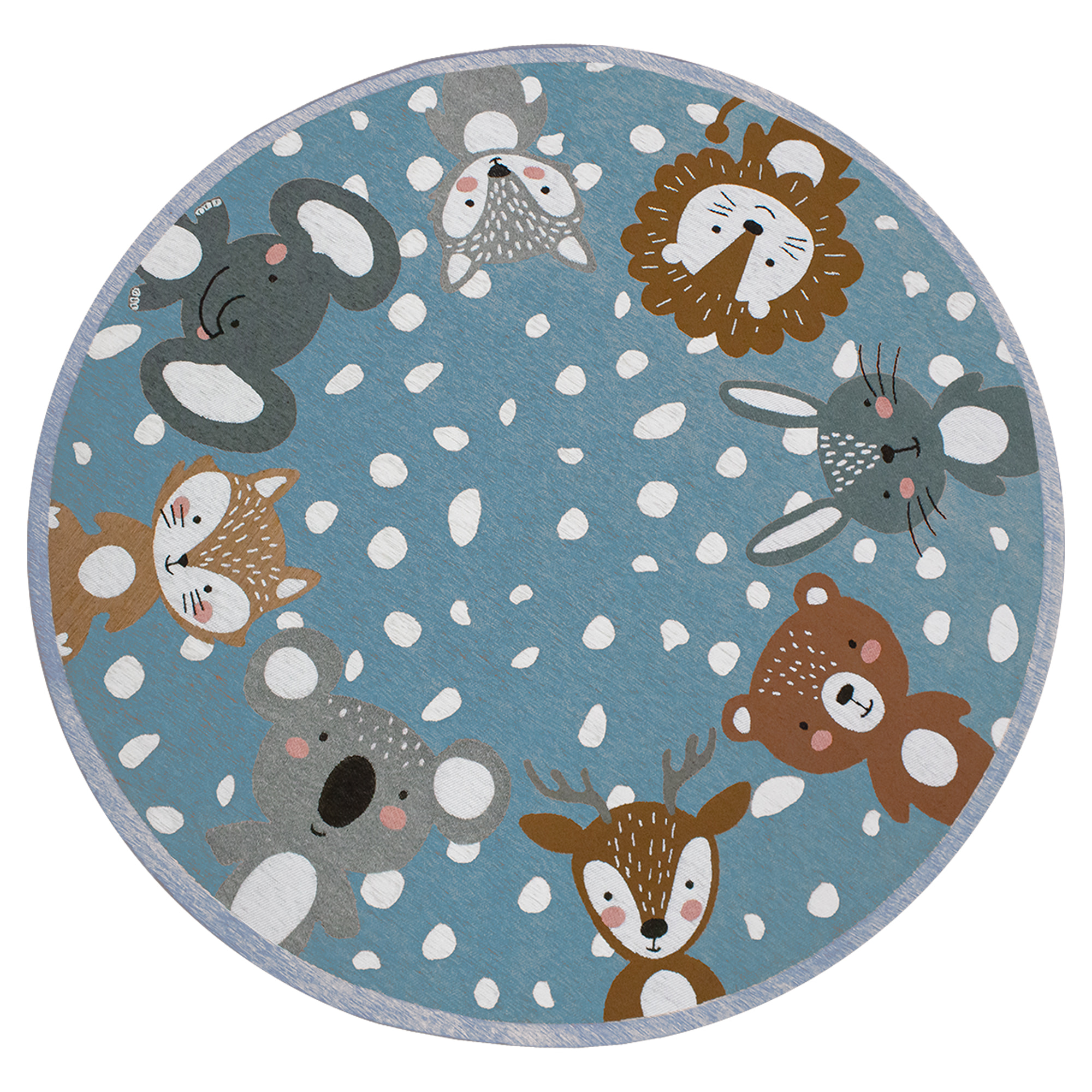 TAPPETO CAMERETTA ANIMALI AZZURRO TONDO DIAMETRO 140 CON FONDO ANTISCIVOLO