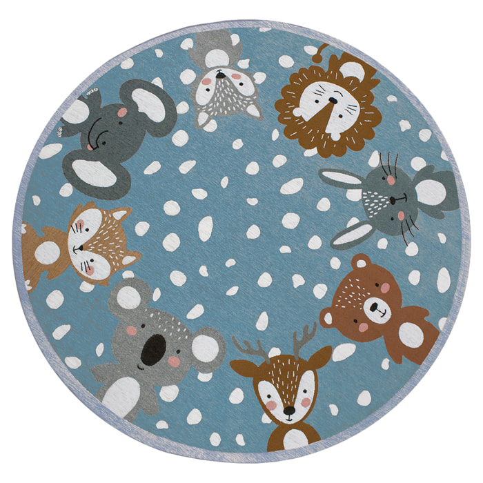TAPPETO CAMERETTA ANIMALI AZZURRO TONDO DIAMETRO 140 CON FONDO ANTISCIVOLO