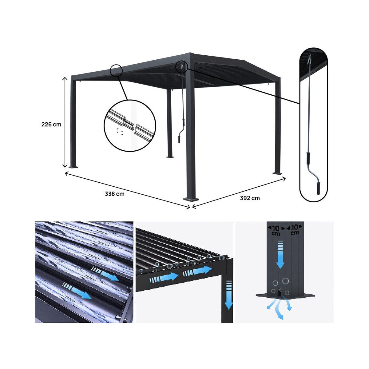 Pergola bioclimatique toit 2 pans "Victoria" en aluminium et métal- 3,5 x 4 m - Gris