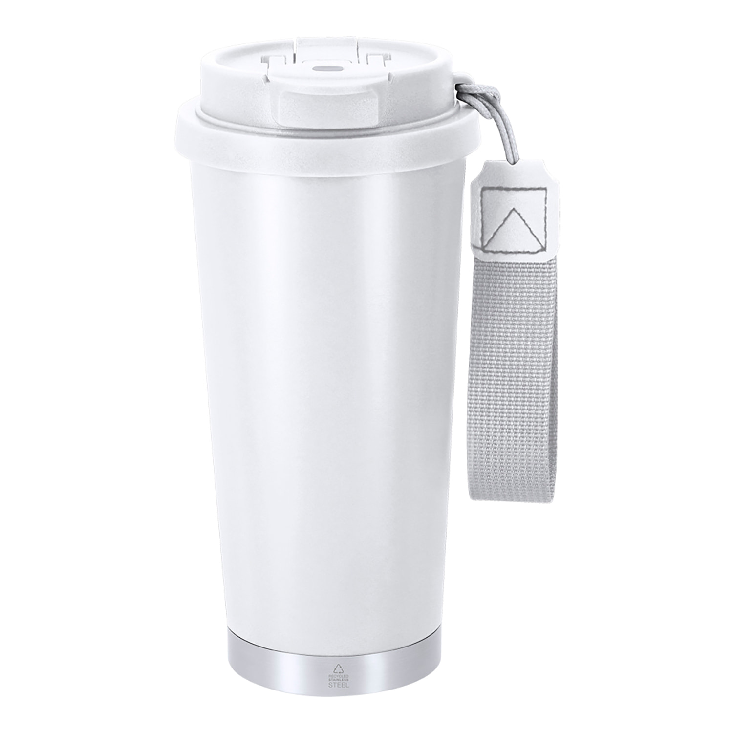 Bicchiere termico con capacità di 500 ml in Acciaio Inossidabile Riciclato. È dotato di un doppio sistema di bevanda: foro con chiusura ermetica e cannuccia integrata. Privo di BPA.