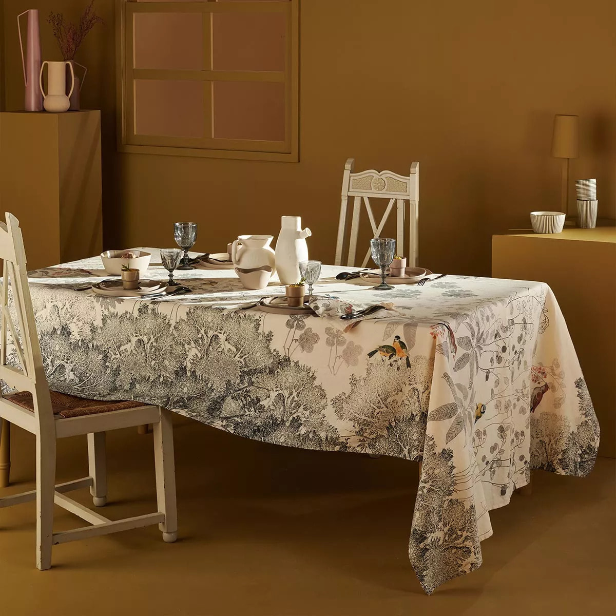 Nappe lin & coton lavé 150 g/m² imprimé beige noir Monochrome fusain