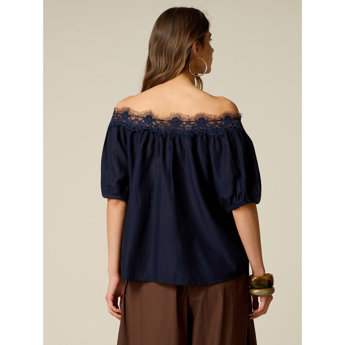 Oltre - Blusa off shoulders con pizzo - Blu