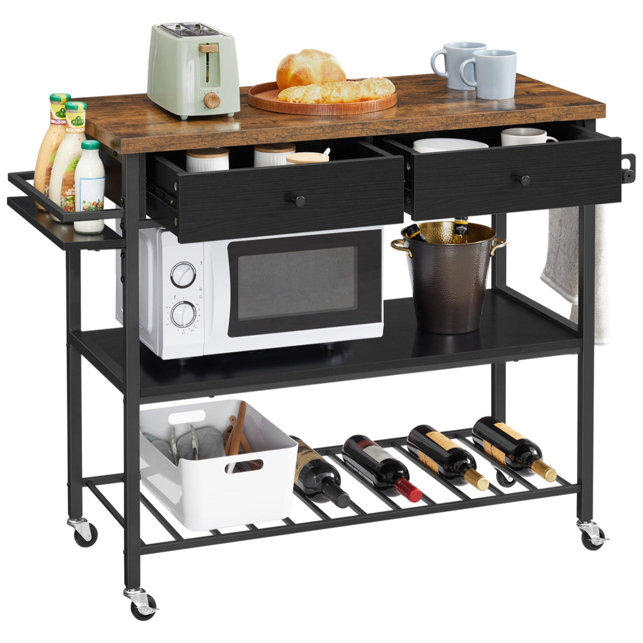 Isola da cucina industriale con ruote in legno e acciaio