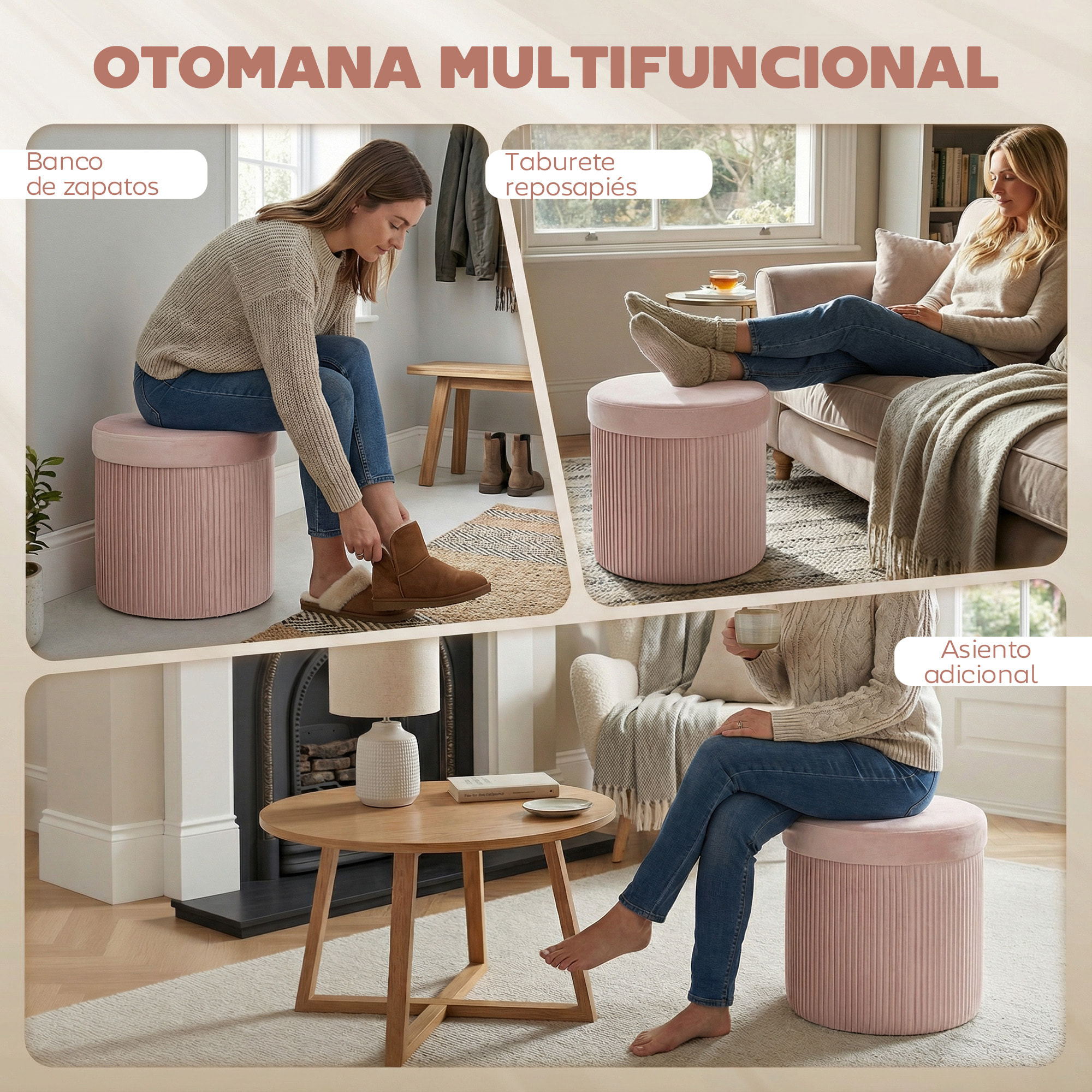 Puff Almacenaje, Banco Almacenaje Plegable, 35 L, 38x38x38 cm, Tapizado en Terciopelo, Baúl de Almacenamiento Redondo, Carga 120 kg, Taburete para Sala de Estar, Dormitorio, Entrada, Rosa