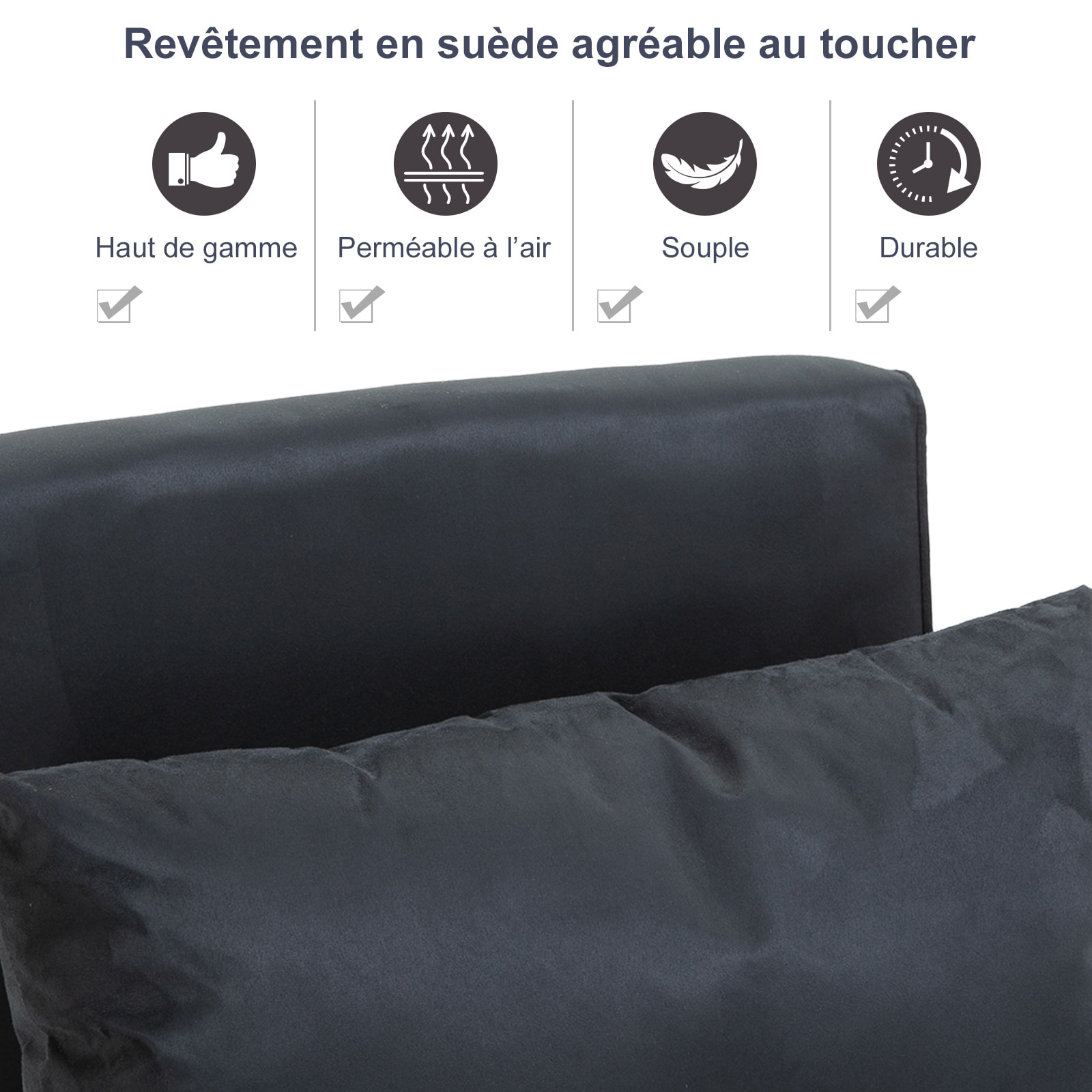 Fauteuil chauffeuse canapé-lit convertible 1 place déhoussable grand confort coussin pieds accoudoirs métal suède noir