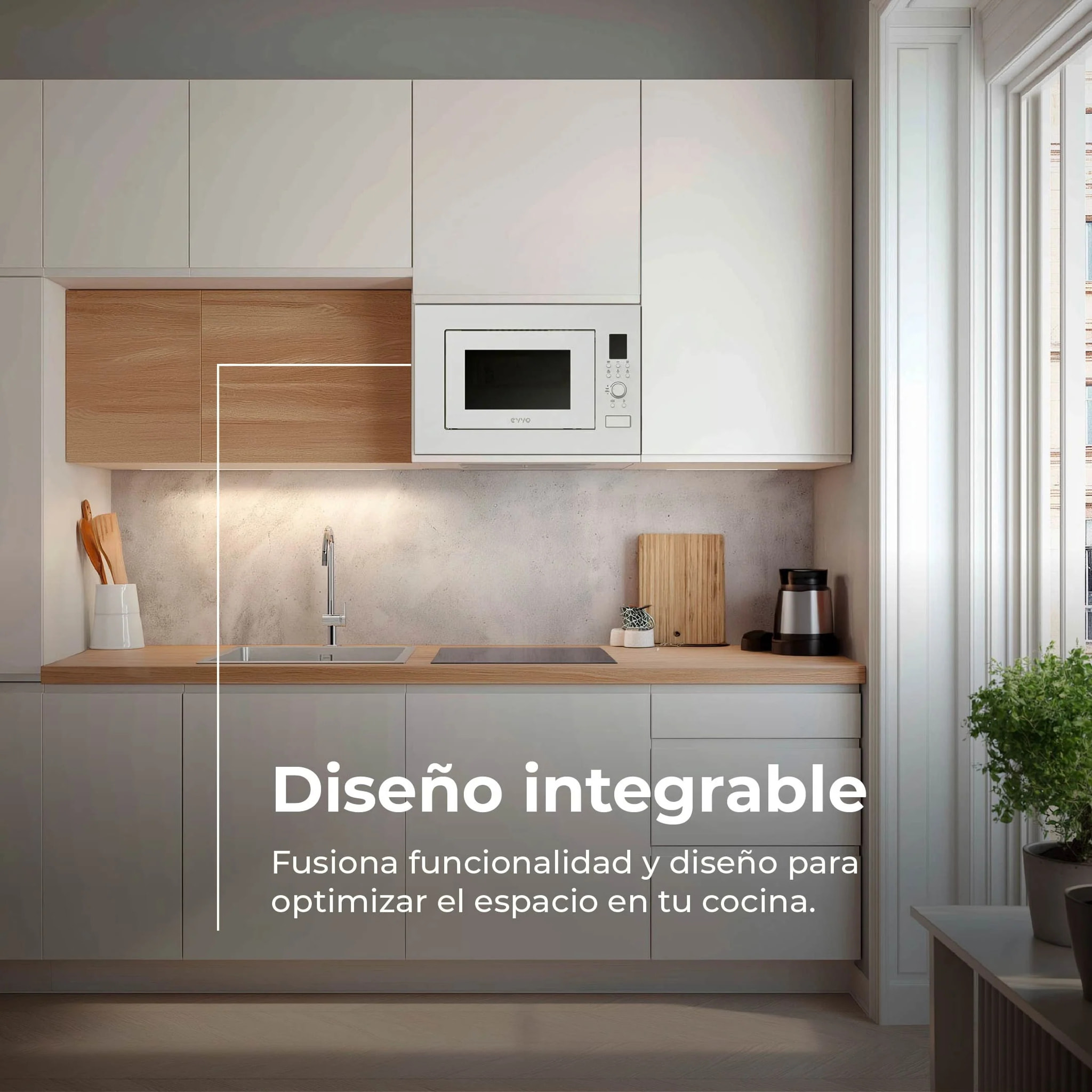 EVVO Microondas integrable Mi40 White, 25L , Grill 1000W, Efecto Brillante, Multifunción, Función Descongelar, Temporizador