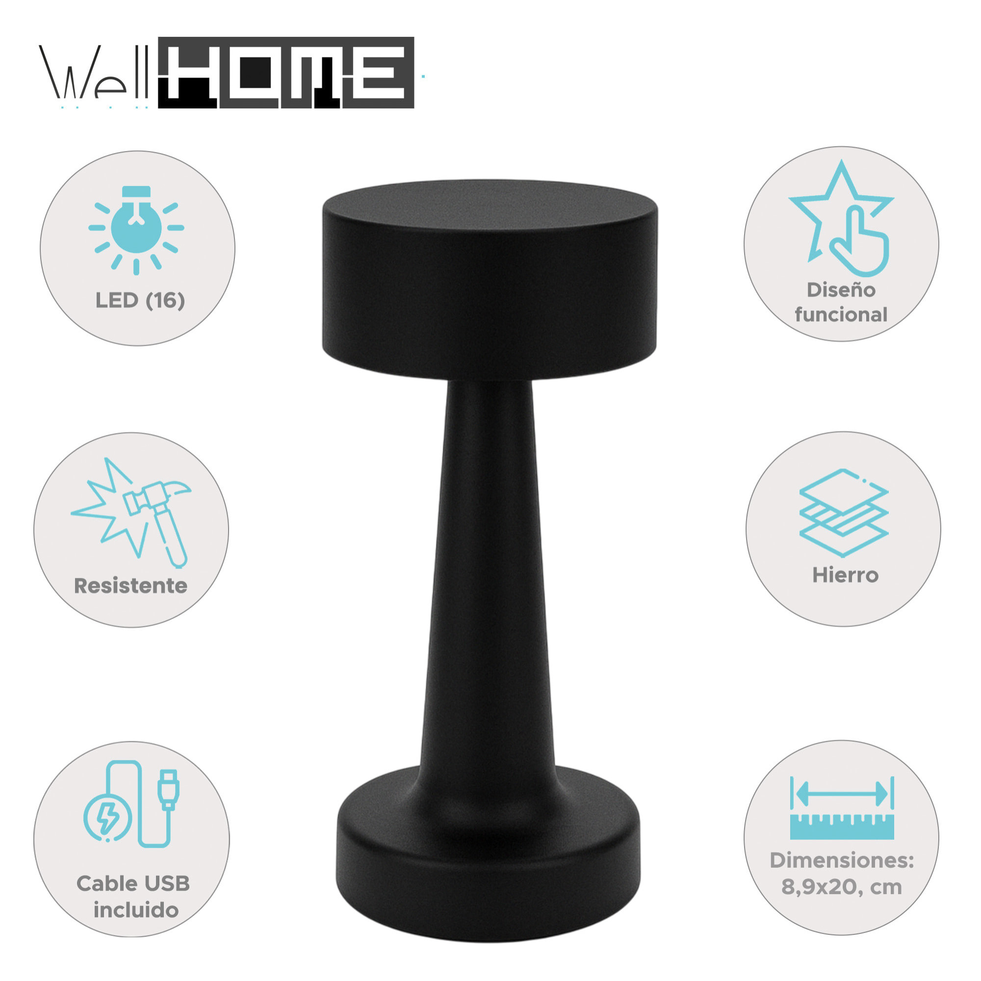 Well Home Lámpara de Mesa color Negro Recargable con 16 luces LED y 3 modos de iluminación Ø8,9x20,9cm
