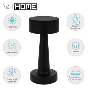 Well Home Lámpara de Mesa color Negro Recargable con 16 luces LED y 3 modos de iluminación Ø8,9x20,9cm
