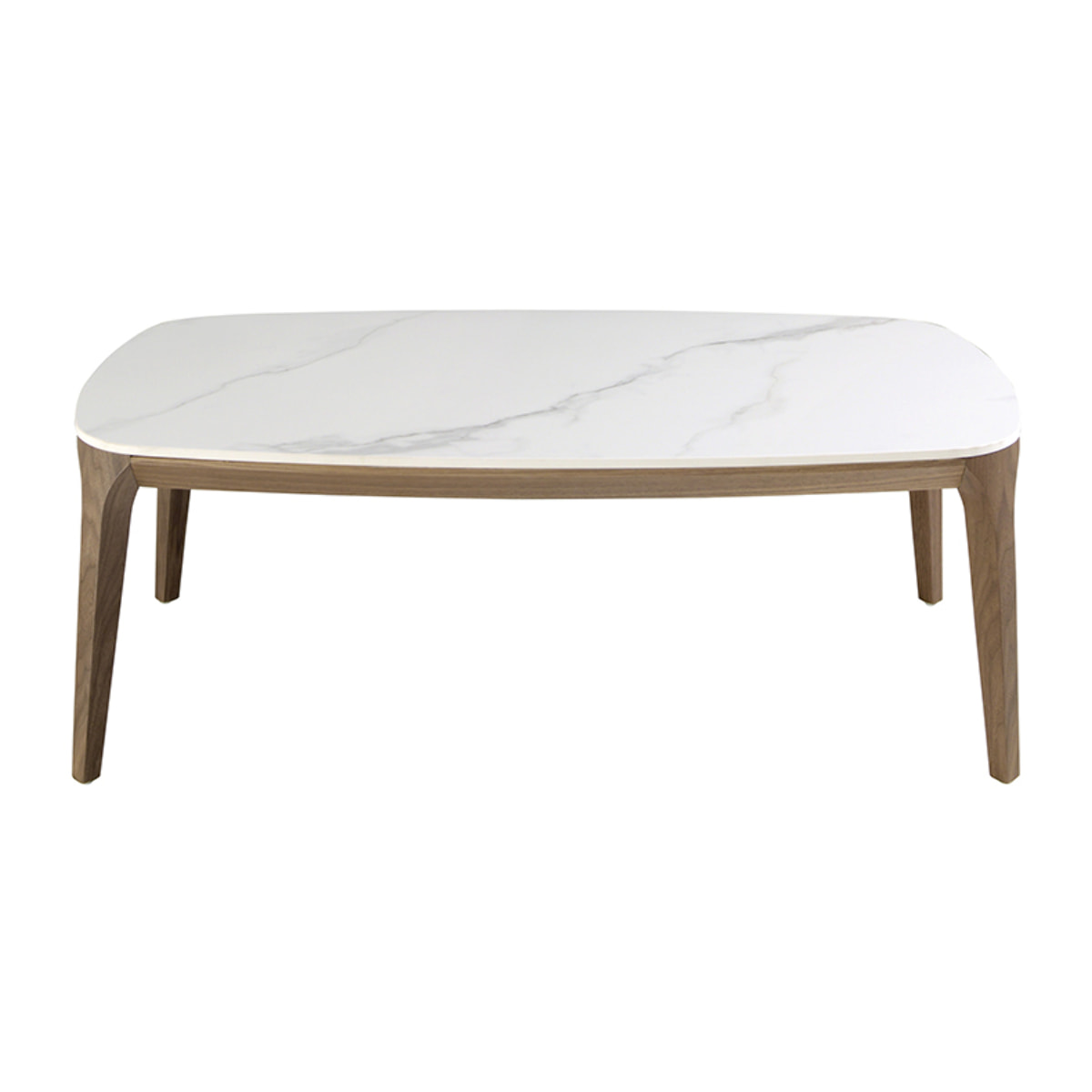 Mesa centro ovalada barril con tapa de mármol porcelánico blanco con vetas en gris brillo y unas patas de madera chapada en nogal natural 119x65x41cm