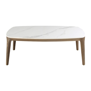 Mesa centro ovalada barril con tapa de mármol porcelánico blanco con vetas en gris brillo y unas patas de madera chapada en nogal natural 119x65x41cm