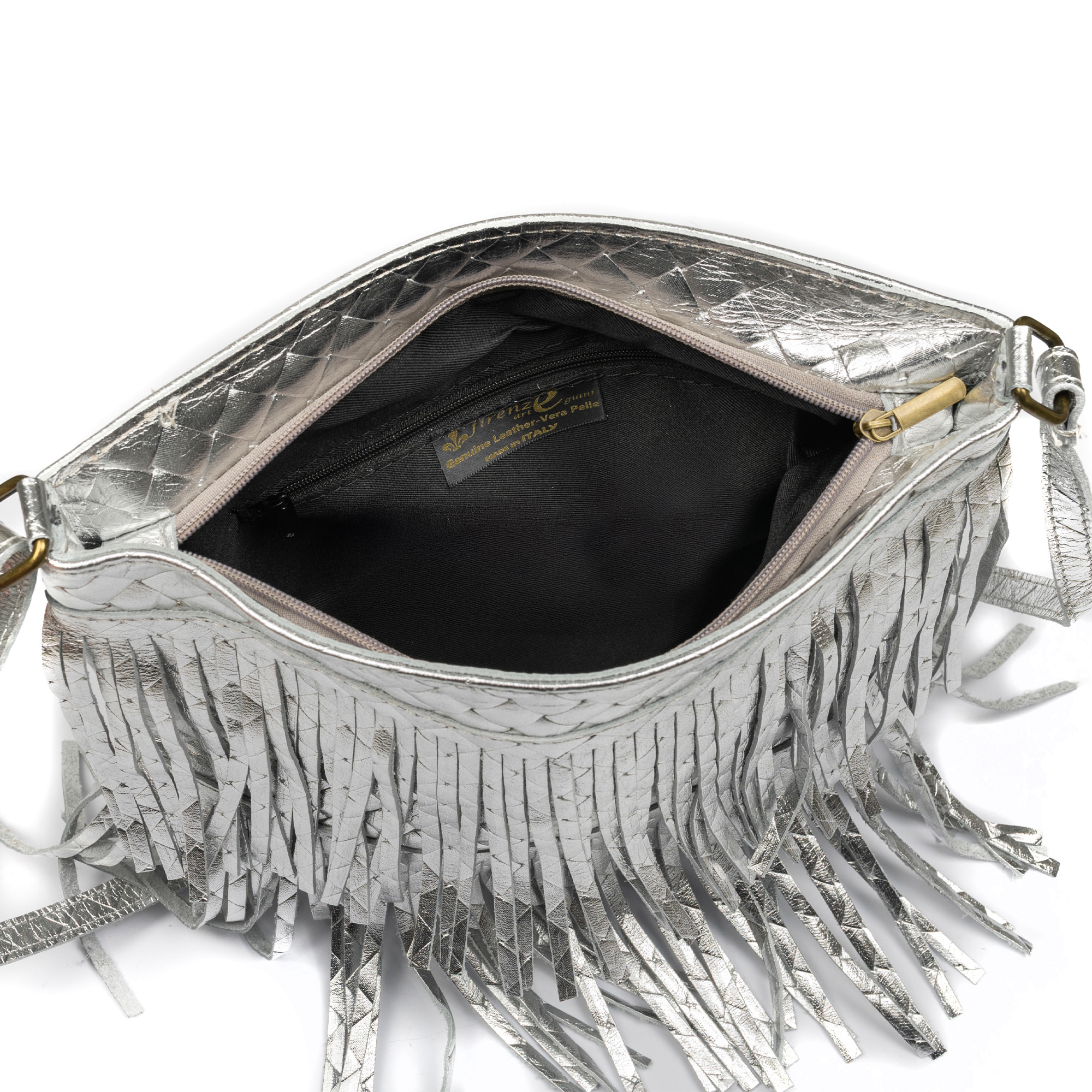 Avise borsa a tracolla con frange donna. Vera pelle scamosciata lucida.