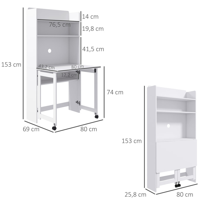 Bureau mural pliable table murale rabattable suspendue sur pied avec bibliothèque 3 étagères MDF blanc