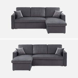 Canapé d'angle convertible en velours gris foncé 3 places. fauteuil d'angle réversible coffre rangement lit modulable