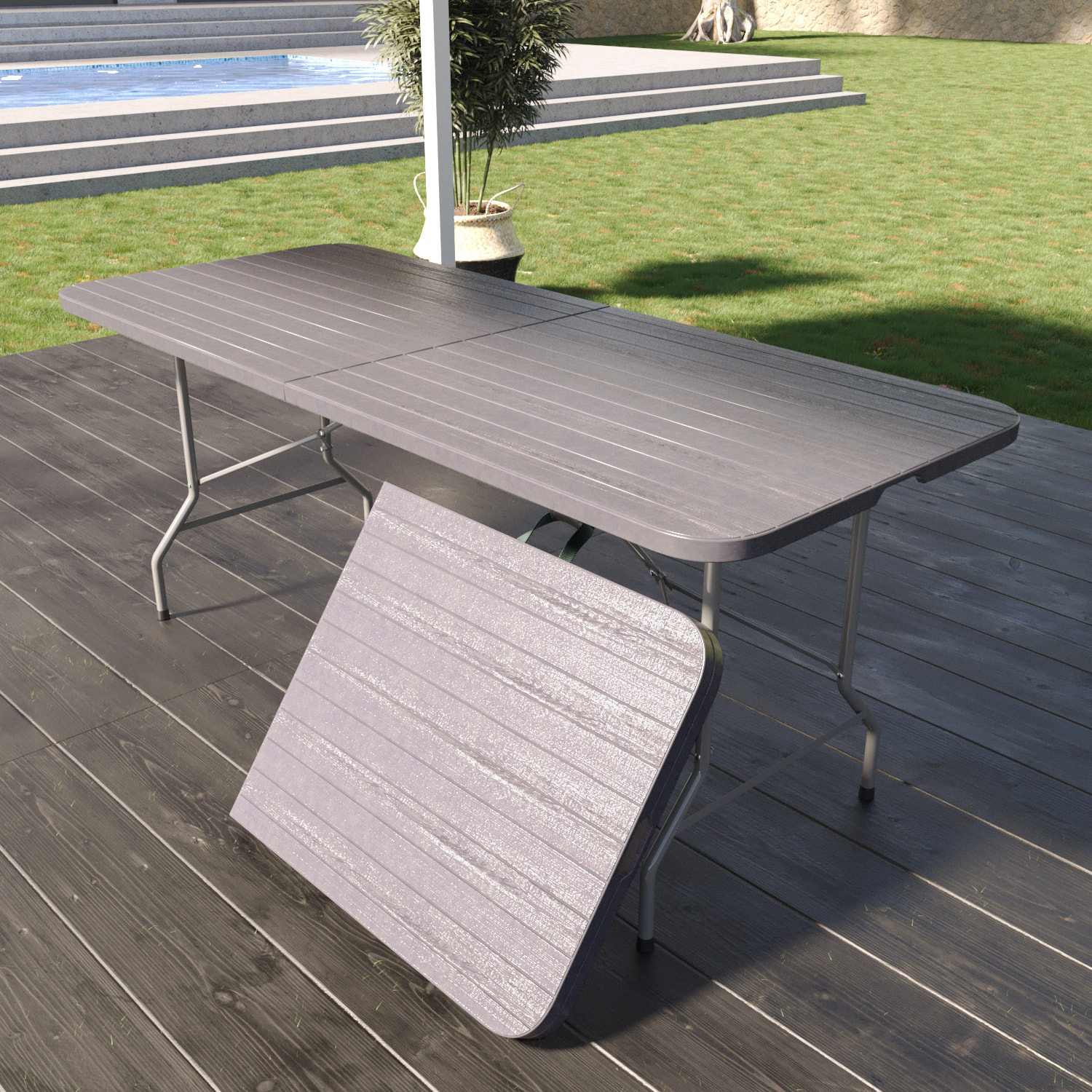 Tavolo Tavolino Pieghevole In Dura Resina Effetto Legno Set Birreria Facile Trasporto Con Maniglie Giardino Campeggio Terrazzo Fiere 180x74Cm Grigio