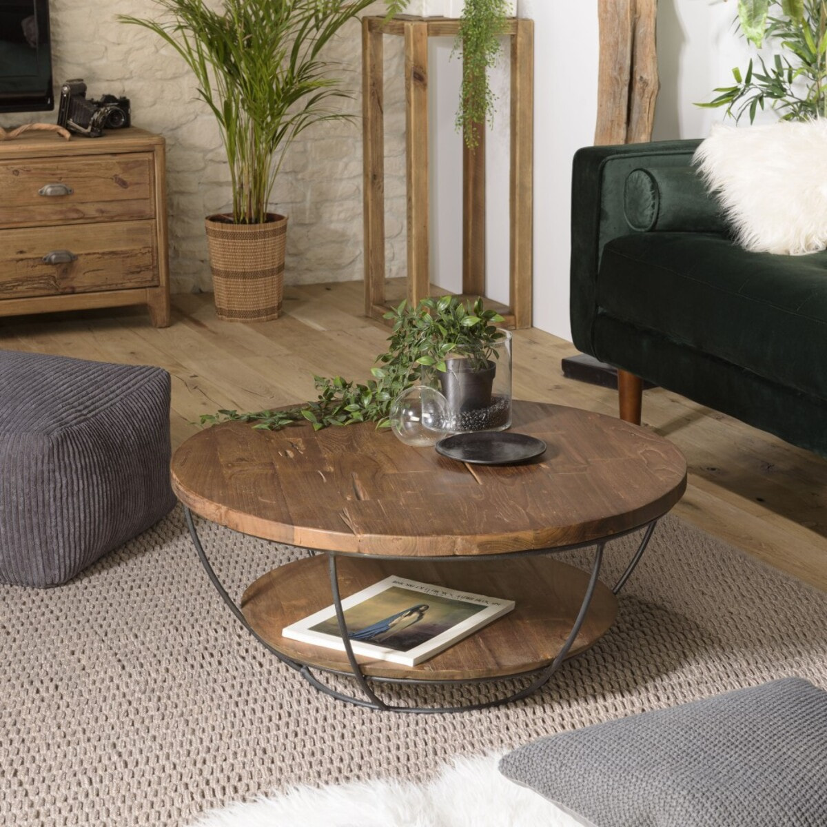 SIXTINE - Table basse coque ronde 80x80cm double plateau teck recyclé métal noir