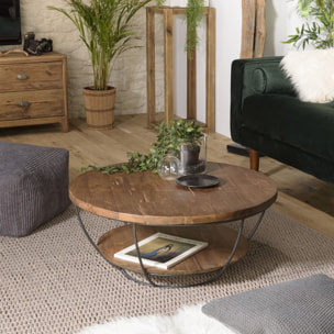 SIXTINE - Table basse coque ronde 80x80cm double plateau teck recyclé métal noir