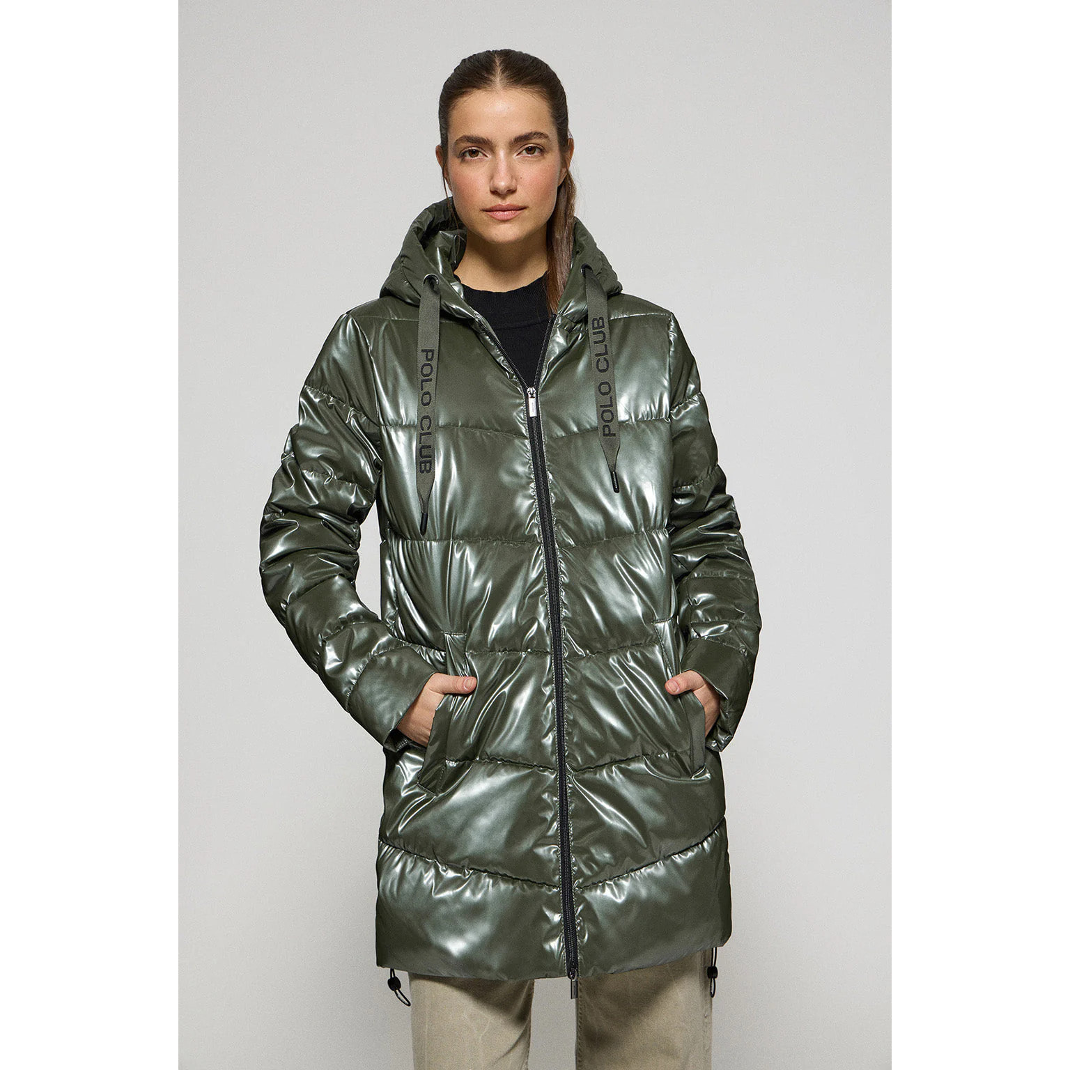 Giaccone Cetele verde metallizzato con cappuccio fisso e particolari Polo Club