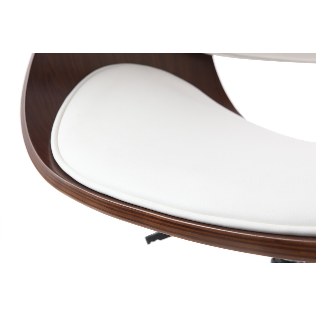 Chaise de bureau à roulettes design blanc, bois foncé noyer et acier chromé BENT