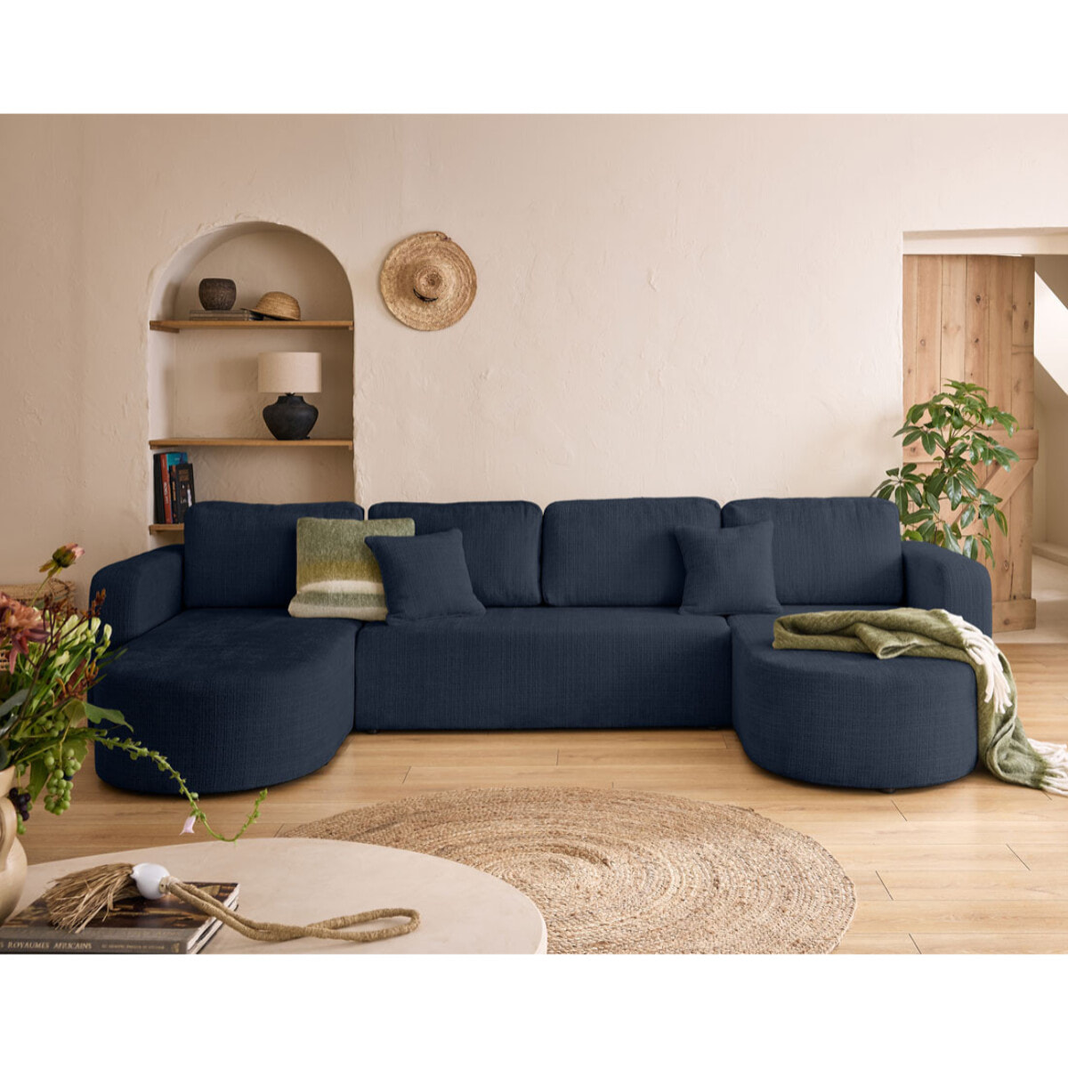 Miro - canapé panoramique en U 7 places - convertible avec coffre - en velours texturé - Bleu