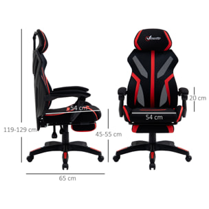 Vinsetto Silla Gaming con Reposapiés Retráctil Silla de Oficina Giratoria Reclinable con Reposacabezas y Altura Ajustable 65x65x119-129 cm Negro y Rojo