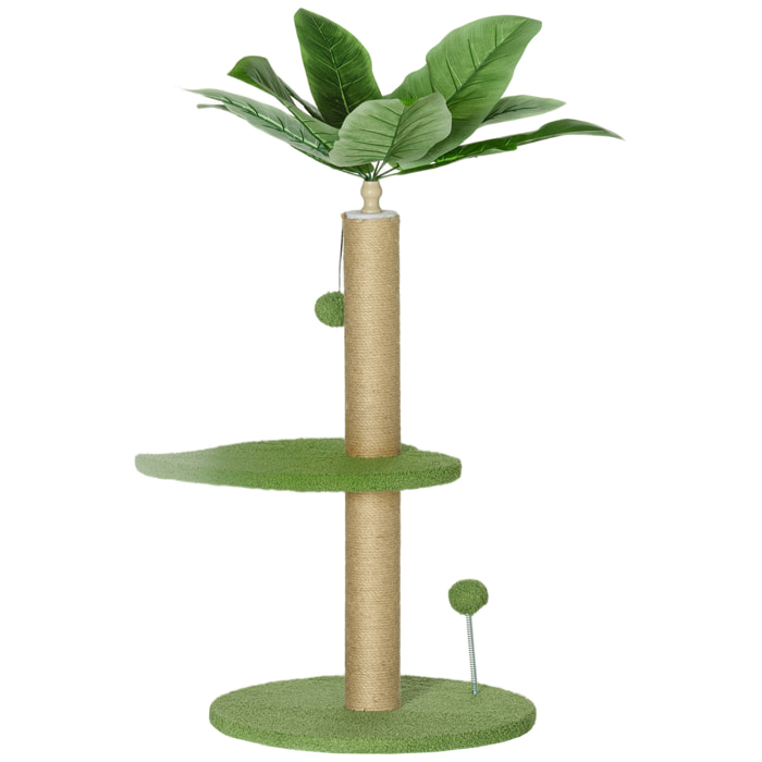 Arbre à chat design tropical - plateforme, griffoir, 2 jeux boules - beige vert
