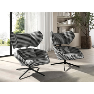 Sillón Angel Cerdá giratorio con reposabrazos con asiento y respaldo tapizados en tela blanca y negra patas de acero inoxidable en epoxi negro 85x95x98cm