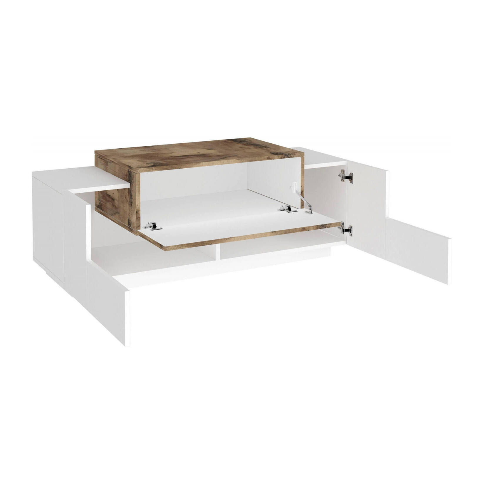 Mobile da ingresso a 3 ante, Made in Italy, Credenza da soggiorno, Porta TV, cm 120x45h46, colore Bianco lucido e Acero