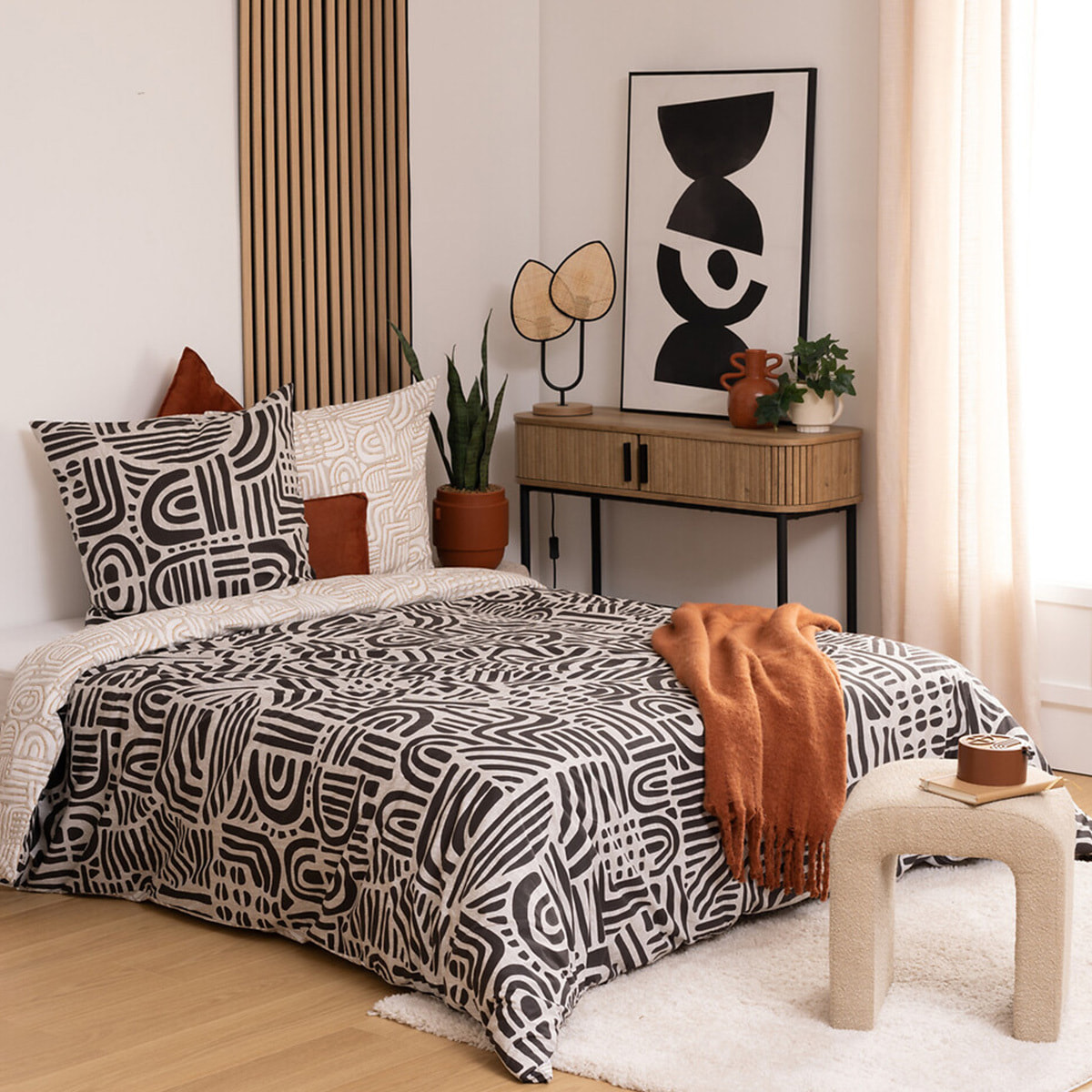 Parure de lit imprimée "Tipu" en coton 240x220cm noir et blanc