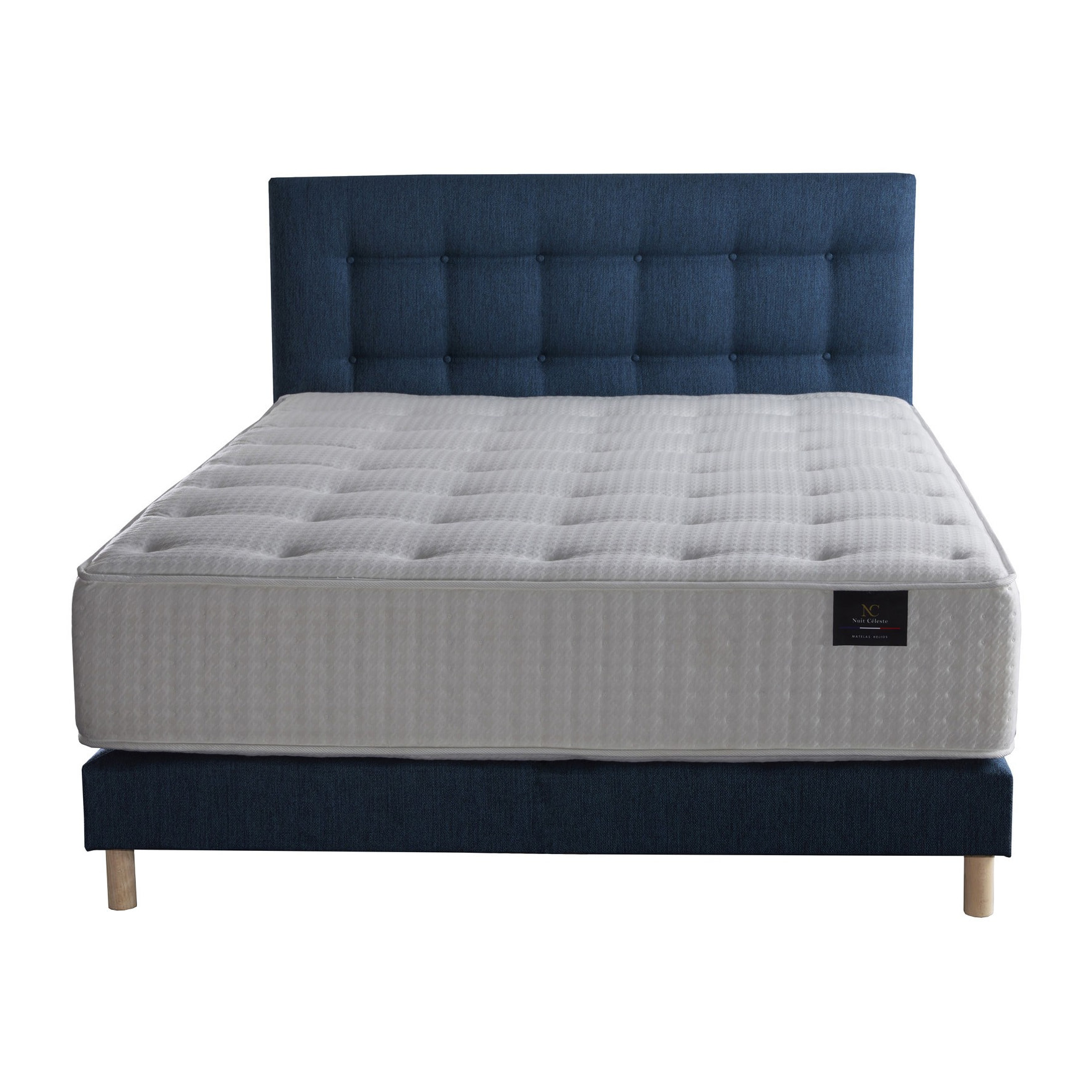 Ensemble Hélios + tête de lit capitonnée - Matelas ressorts ensachés Mémoire de forme Latex - Sommier Bleu Marine