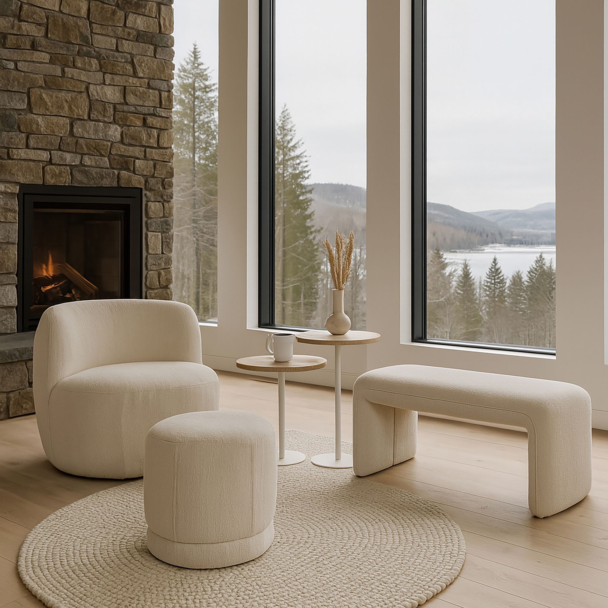 Pouf en tissu bouclette beige et structure en bois  MALO