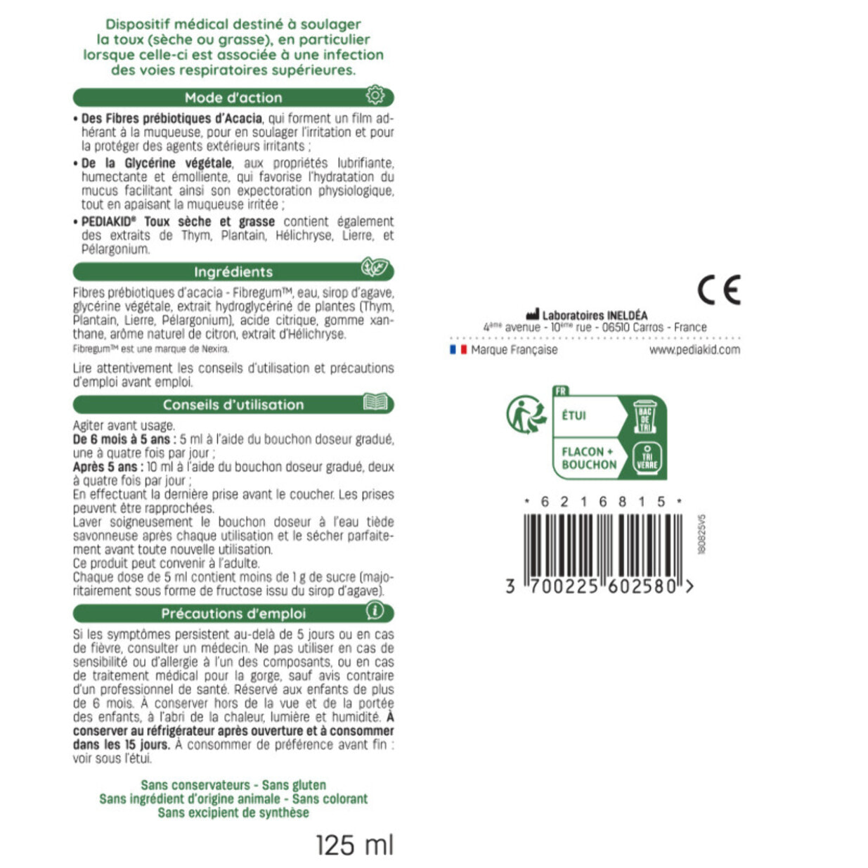 PEDIAKID - Toux Sèche & Grasse - Formule Exclusive au Sirop d'Agave - Calme la Toux - Soulage l'irritations de la Gorge - Arôme Naturel Citron - Lot de 2 flacons 125 ml