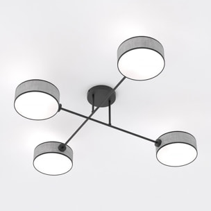 Lampada a sospensione Maga a quattro luci in metallo nero e tessuto grigio