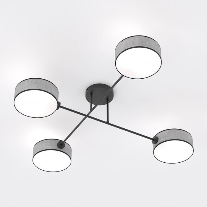 Lampada a sospensione Maga a quattro luci in metallo nero e tessuto grigio