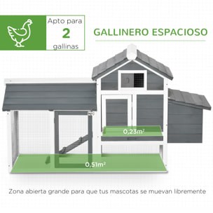 Gallinero de Madera para Exterior Jaula para 2-3 Gallineras con 2 Corrales de Alambre Techo Abrible Caja Nido Bandeja Extraíble y Rampa 150,5x54x87 cm Gris