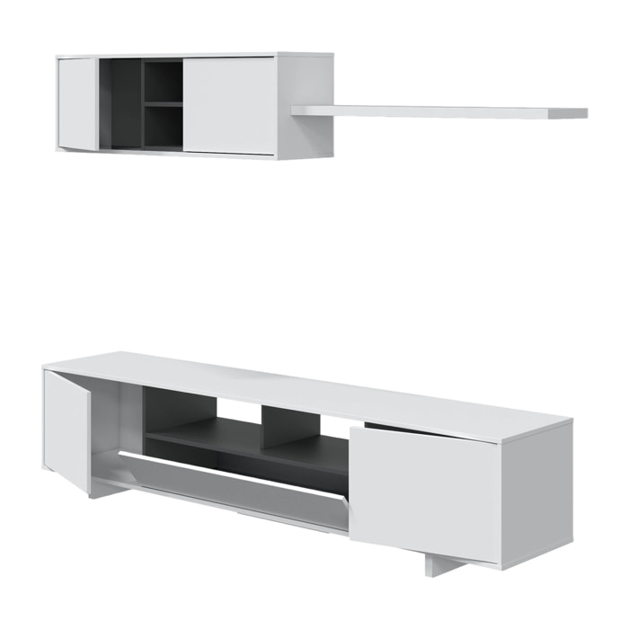 Parete attrezzata Angora, Mobile da soggiorno porta TV, Composizione set salotto, Set salotto con pensile, 200x41h46 cm, Bianco lucido