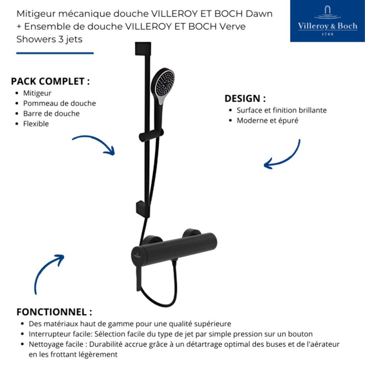 Mitigeur mécanique douche VILLEROY ET BOCH Dawn + Ensemble de douche VILLEROY ET BOCH Verve Showers 3 jets