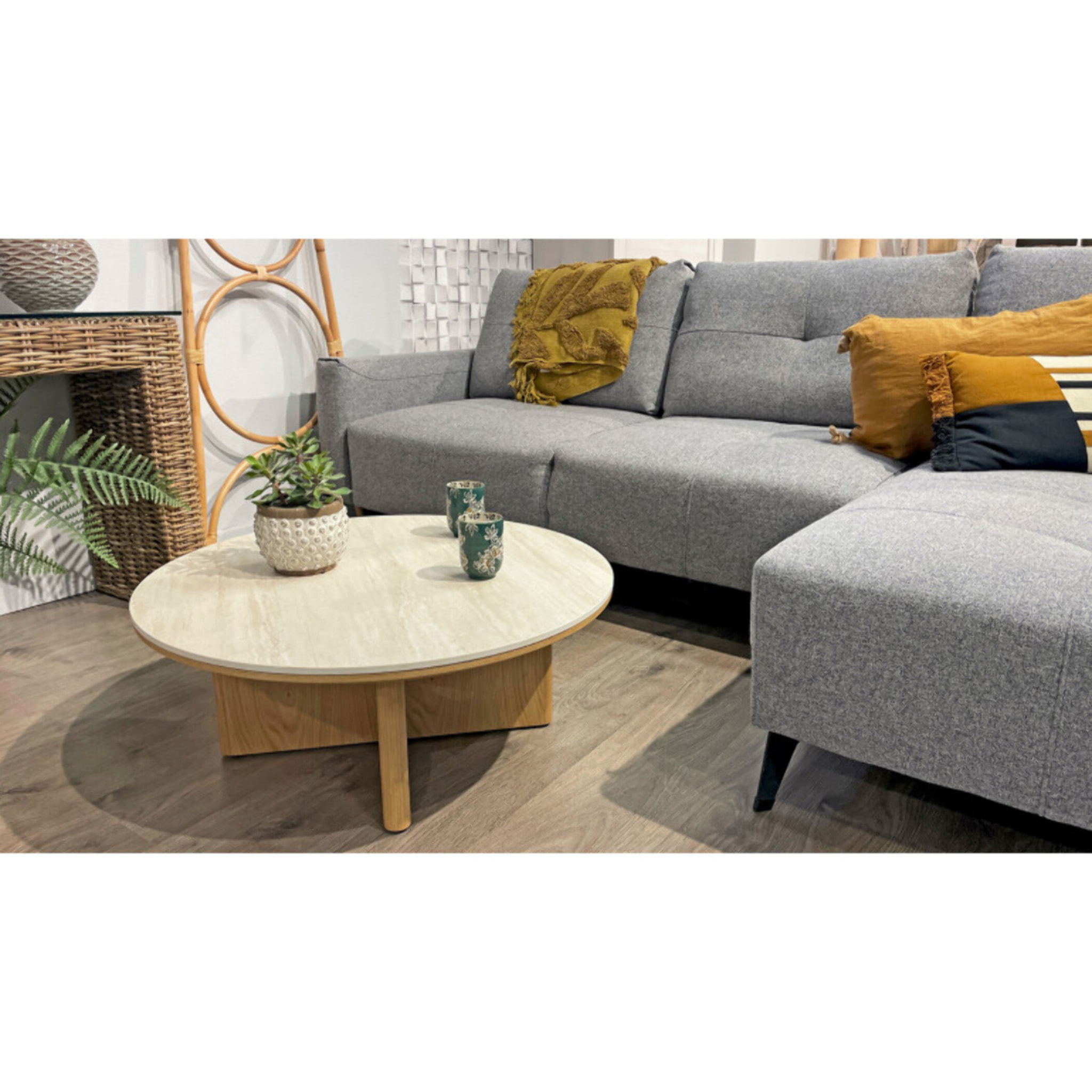 Table basse ronde D.80 cm bois et céramique beige marbré - OAK