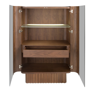 Aparador alto de madera chapada en nogal natural Iluminación interior 100x50x150cm