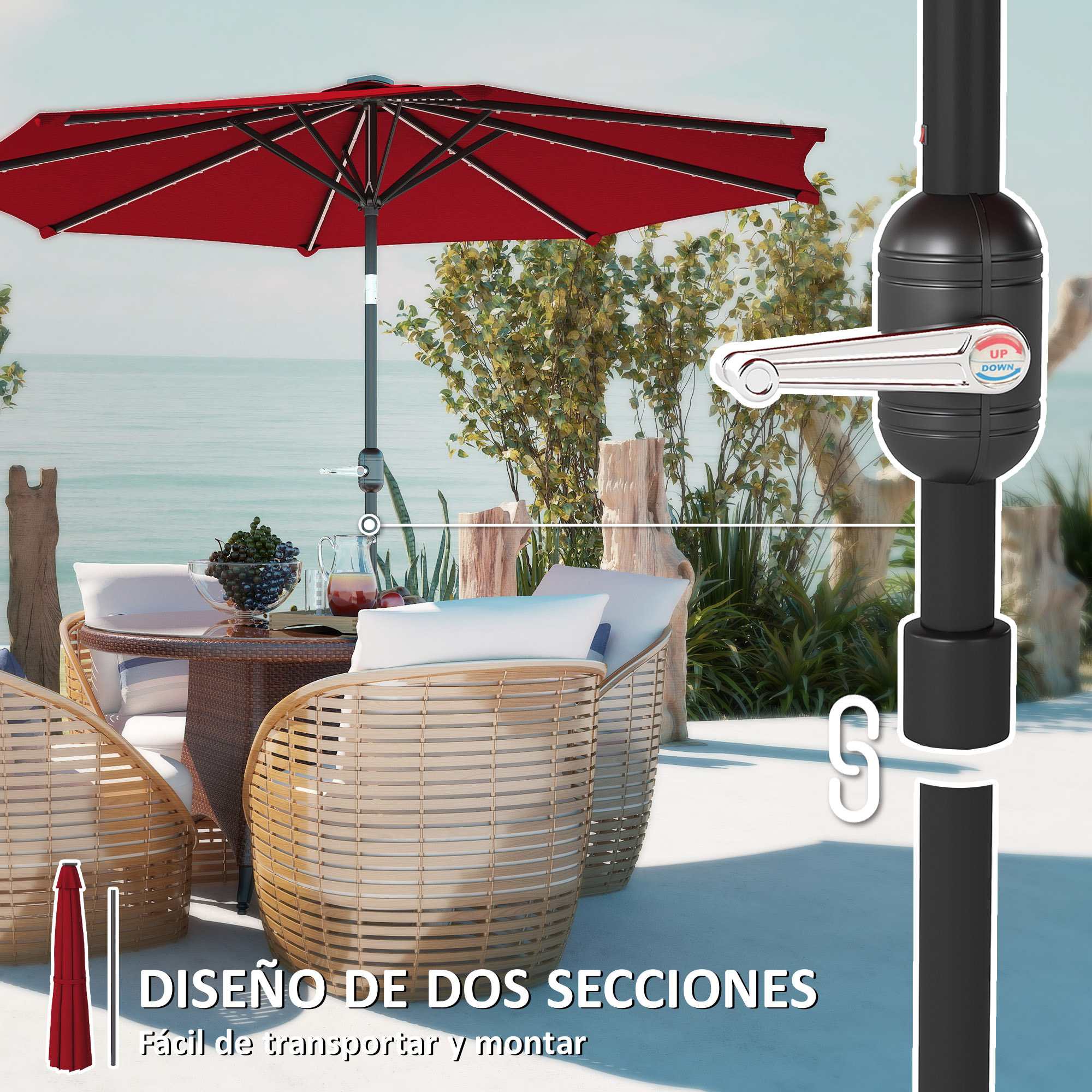 Sombrilla Terraza Exterior con Luces LED Solares Ø292x252 cm Sombrilla de Jardín con Inclinación Ajustable hasta 45° Impermeable y Manivela Parasol para Patio Piscina sin Base Burdeos