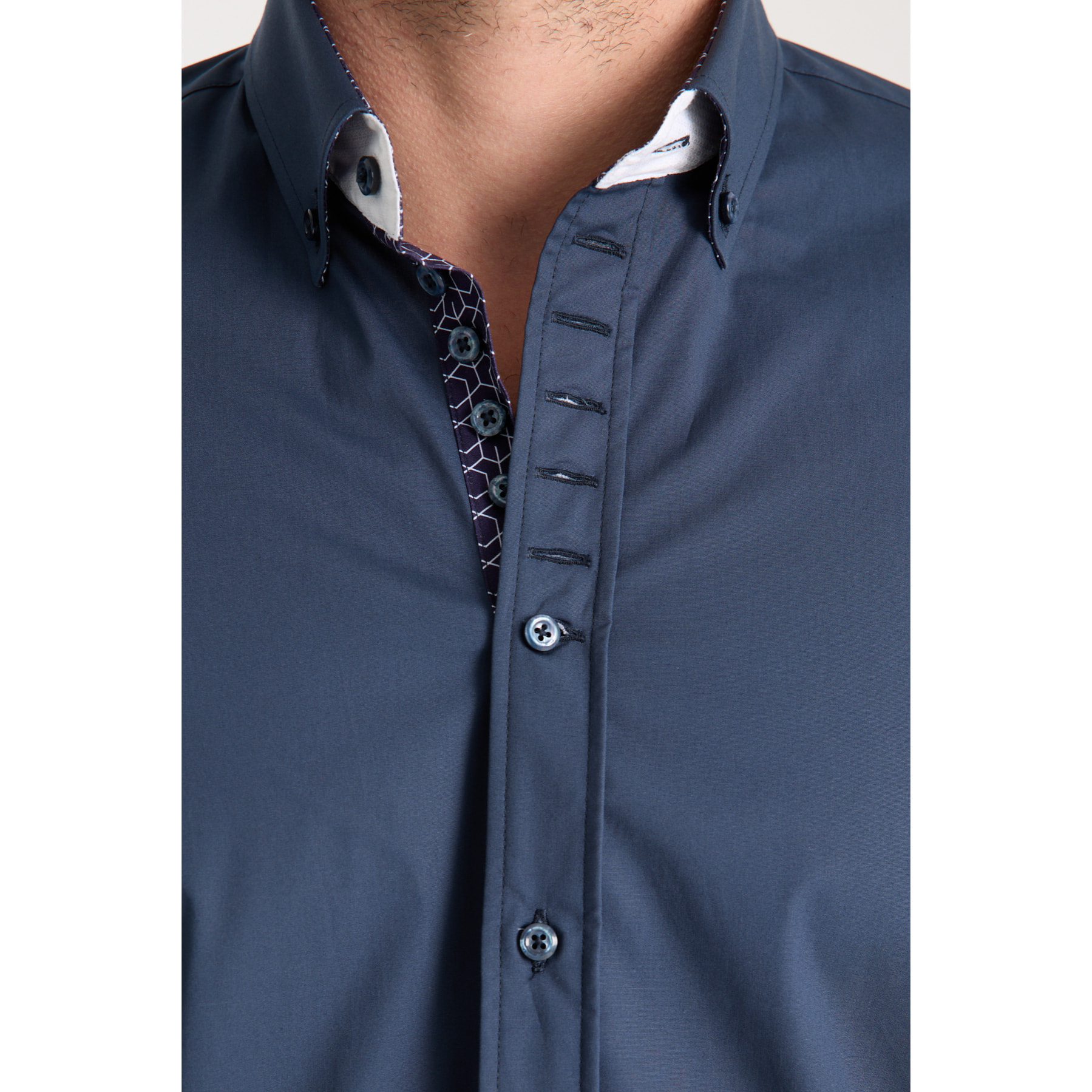 Camicia Uomo 1 Bottoni Button Down Slim Popeline Stretch Unito Blu