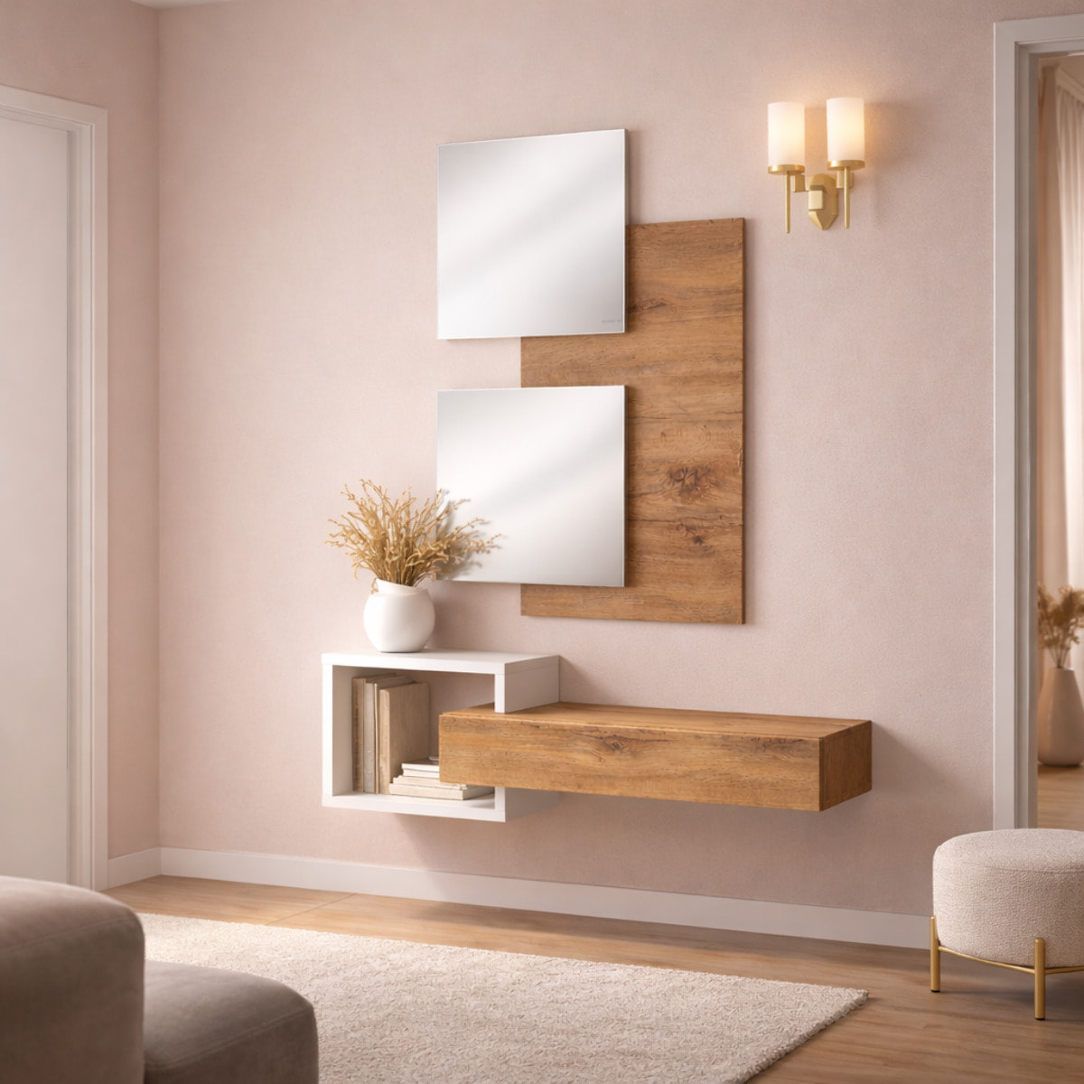 Set Ingresso Moderno Con Specchi Pensile A Giorno Mensola Con Cassetto Salvaspazio Mobile Da Parete 100 x 160 x 30 Cm Bianco E Rovere