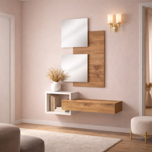 Set Ingresso Moderno Con Specchi Pensile A Giorno Mensola Con Cassetto Salvaspazio Mobile Da Parete 100 x 160 x 30 Cm Bianco E Rovere