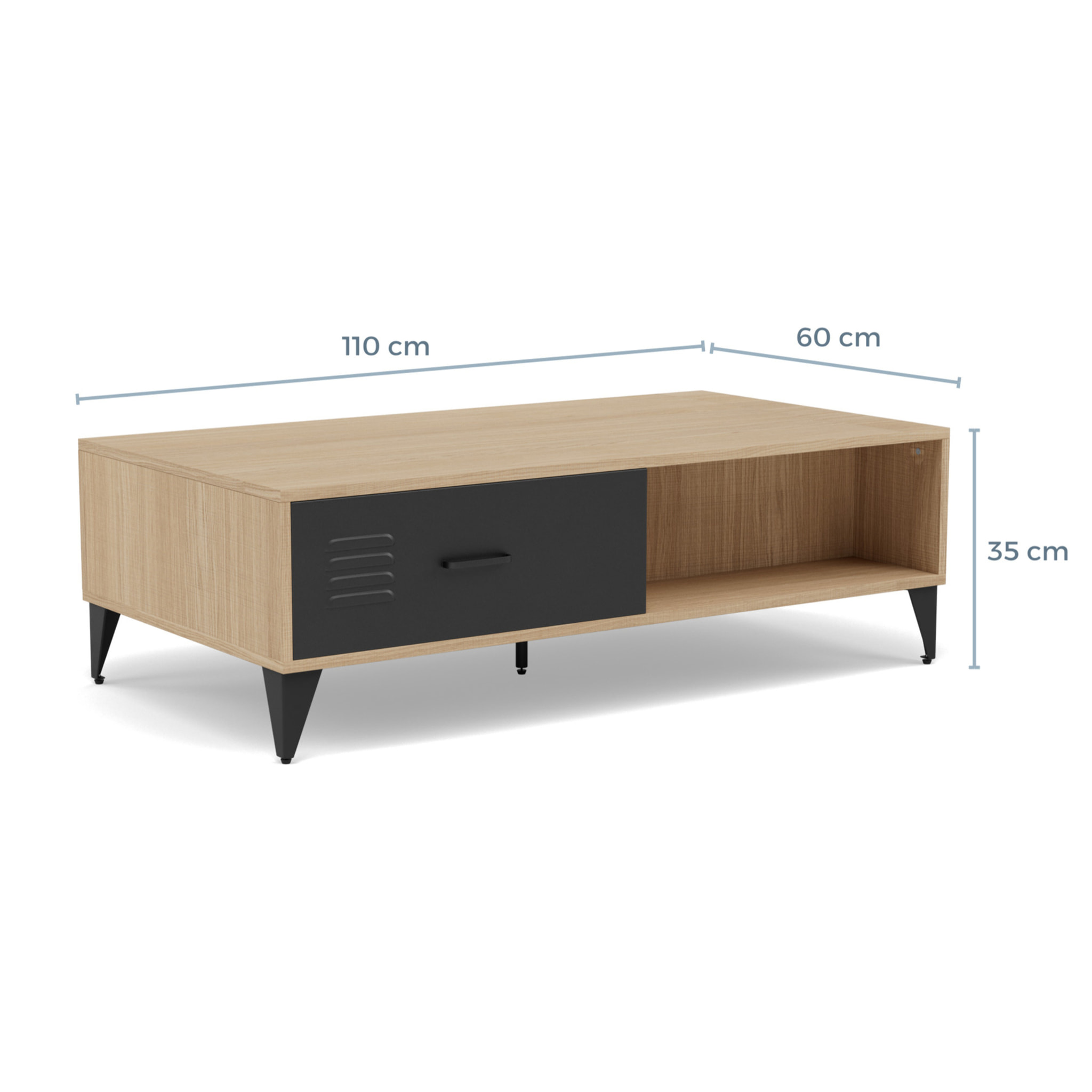 Tribeca - table basse - effet bois et métal noir - 1 tiroir et 1 niche - 110 cm - Bois / Noir