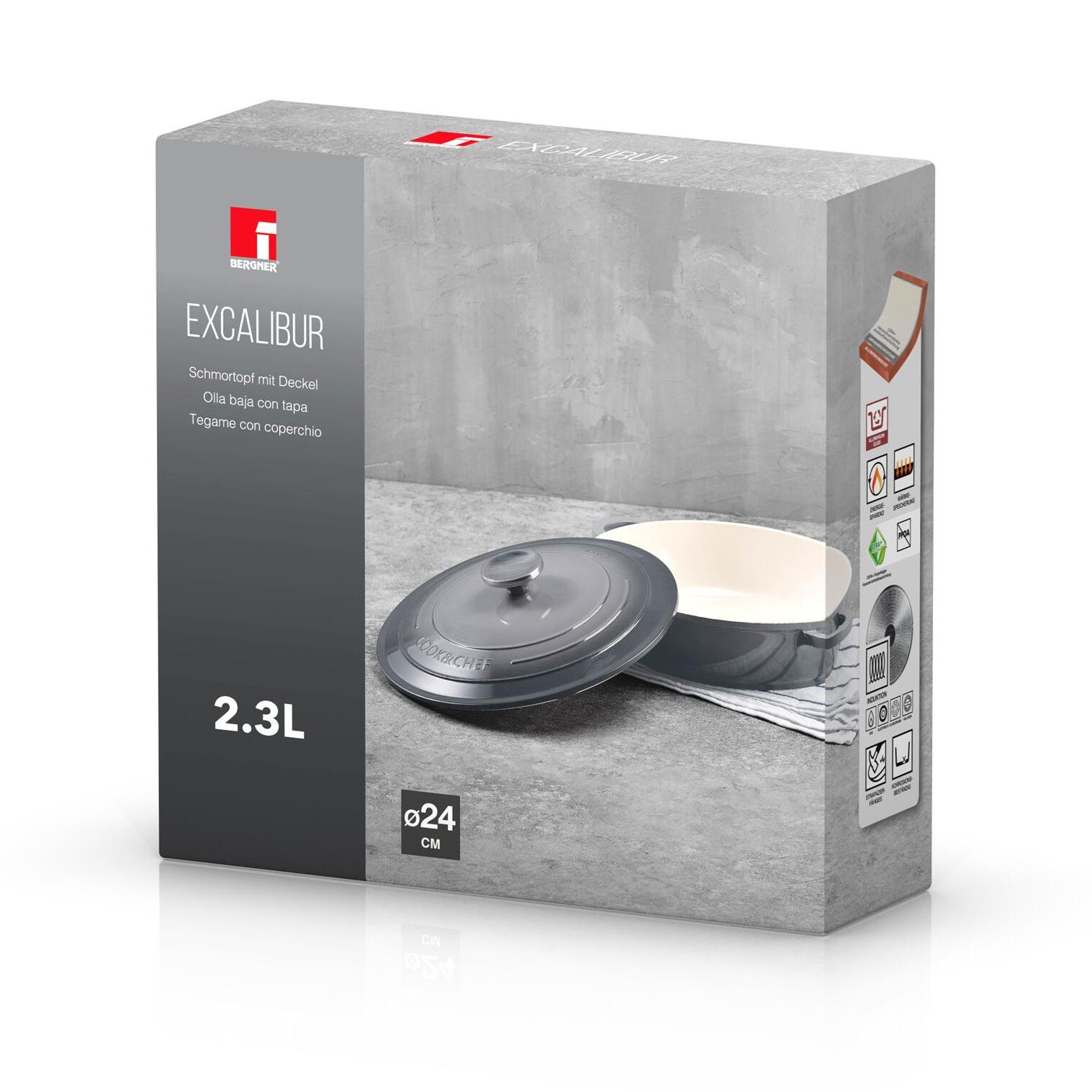 olla baja con tapa de ø24cm y 2,3l en aluminio fundido color gris