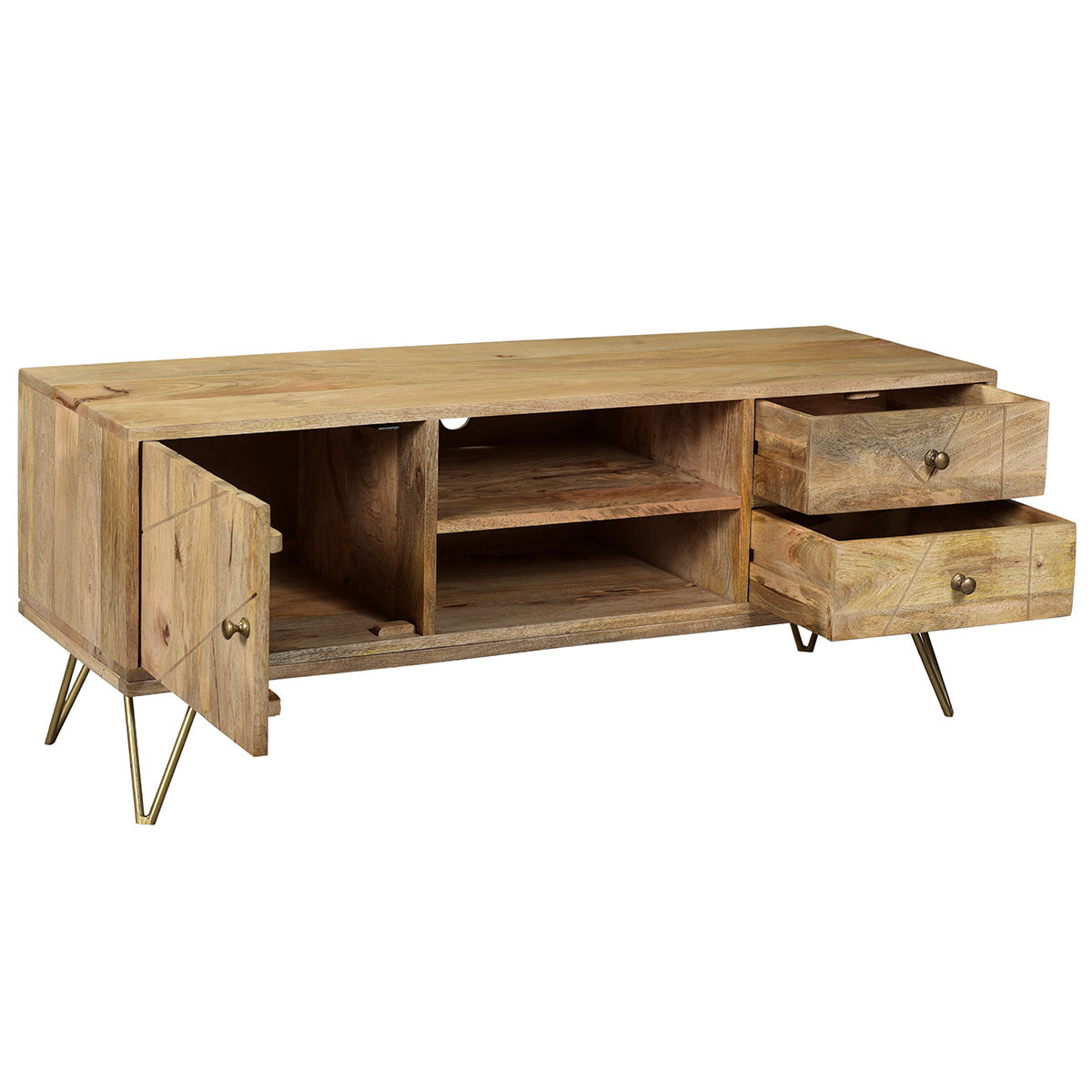 Meuble TV gravé en bois manguier massif et métal L130 LINIUM